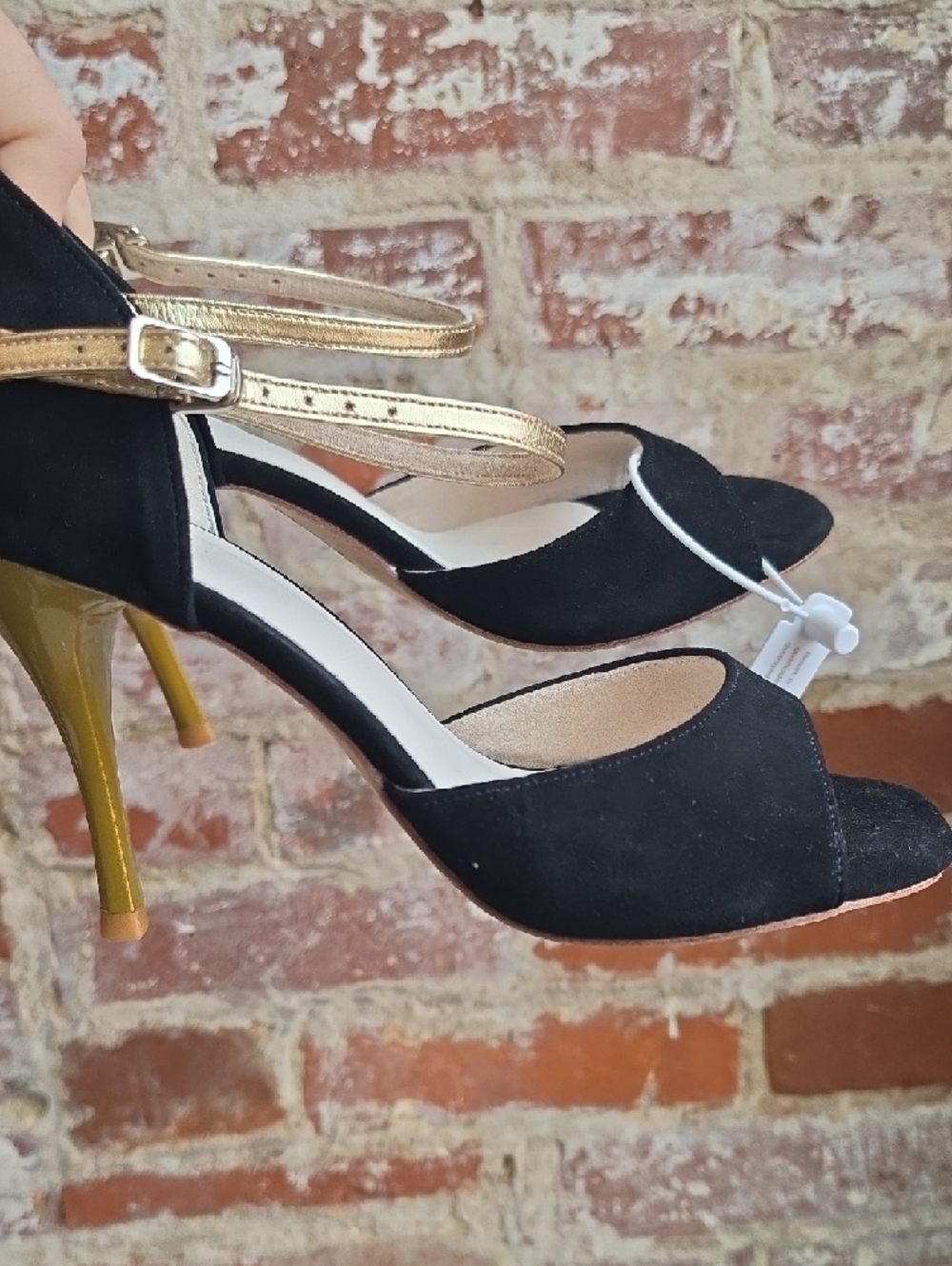 Black and Gold Open-Toe Ankle-Strap Heels - Picture 4 of 8